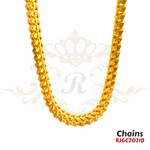 Gold Chain RJGC2021, a bold 22k yellow gold Cuban link chain. It showcases tightly interlocking links with a ship anchor-inspired pattern. Weight 51.30 gm, length 21 inches.