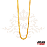 Gold Chain RJGC2021, a bold 22k yellow gold Cuban link chain. It showcases tightly interlocking links with a ship anchor-inspired pattern. Weight 51.30 gm, length 21 inches.