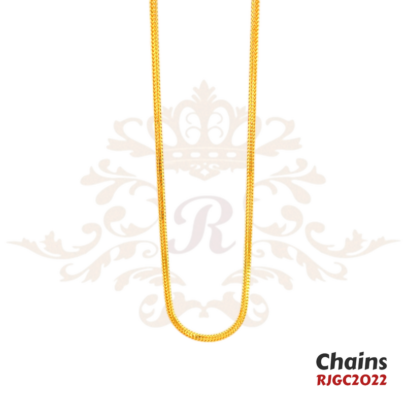 Gold Chain RJGC2022, a sleek 22k yellow gold snake chain. It showcases closely spaced links with a smooth finish, creating a fluid and flexible design. Weight 20.90 gm, length 21 inches.
