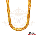 Gold Chain RJGC2023, a classic 22k yellow gold figaro chain. It showcases flattened links alternating with smaller, round links, creating a unique and textured design. Weight 49.90 gm, length 24 inches.