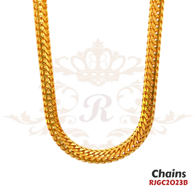 Gold Chain RJGC2023, a classic 22k yellow gold figaro chain. It showcases flattened links alternating with smaller, round links, creating a unique and textured design. Weight 49.90 gm, length 24 inches.