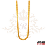 Gold Chain RJGC2023, a classic 22k yellow gold figaro chain. It showcases flattened links alternating with smaller, round links, creating a unique and textured design. Weight 49.90 gm, length 24 inches.