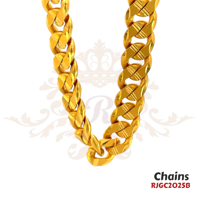 Gold Chain RJGC2025, a classic 22k yellow gold Cuban link chain. It showcases a series of closely interconnected oval links, creating a flat and flexible chain with a smooth and shiny surface. Weight 156.20 gm, length 23 inches.