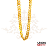 Gold Chain RJGC2025, a classic 22k yellow gold Cuban link chain. It showcases a series of closely interconnected oval links, creating a flat and flexible chain with a smooth and shiny surface. Weight 156.20 gm, length 23 inches.