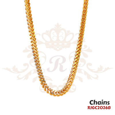Gold Chain RJGC2026, a two-tone 22k gold chain featuring alternating rhodium-plated and yellow gold links. The chain showcases a unique design with a striking contrast of colors. Weight 19.40 gm, length 22 inches.