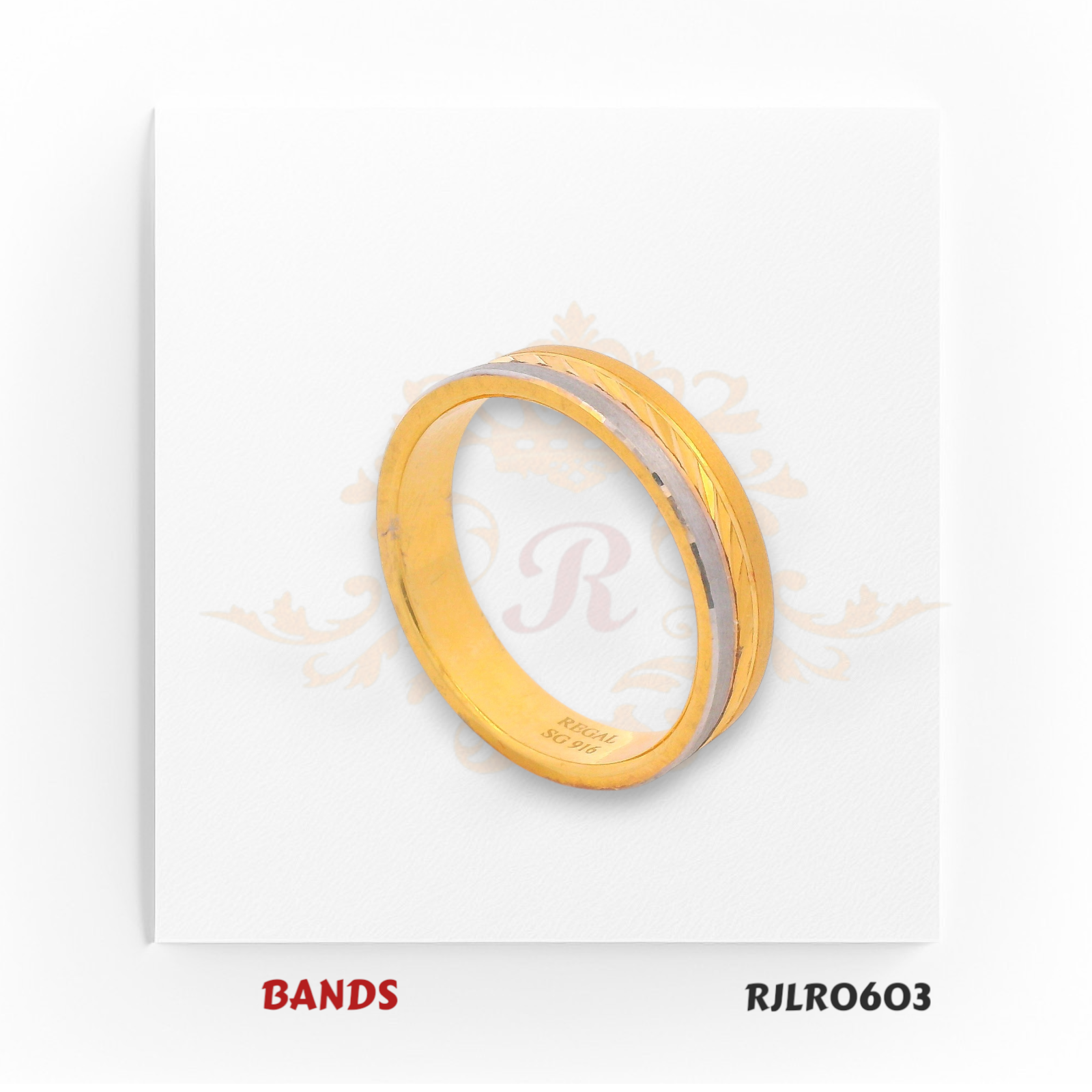 Crafted in 22kt gold, this two-tone band showcases a smooth yellow gold surface with an elegant white gold diagonal accent. Model RJLR0603 delivers a contemporary look with timeless appeal.
