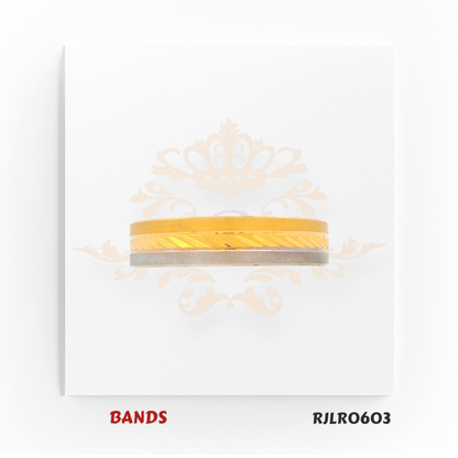 Contemporary dual-tone gold band crafted in 22kt with a sleek white gold diagonal groove accent, adding dimension and elegance. Model number RJLR0603.
