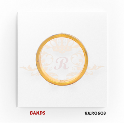 Modern 22kt dual-tone gold band featuring a polished yellow gold base highlighted by a stylish white gold diagonal groove. Model RJLR0603 offers a bold yet refined touch for any jewelry collection.