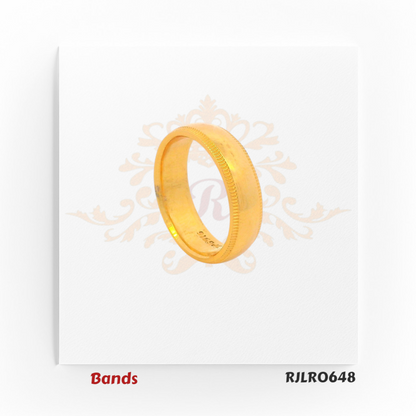 This 22kt yellow gold ring boasts a soft brushed surface with finely detailed ridged borders that enhance its classic appeal and understated sophistication. Style Code: RJLR0648.