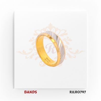 Chic gold ring in radiant yellow gold, featuring a striking diagonal white textured stripe for a unique and stylish look. RJLR0797.