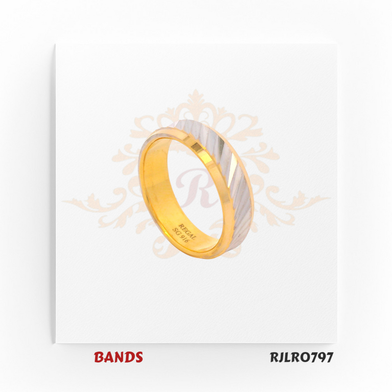 Chic gold ring in radiant yellow gold, featuring a striking diagonal white textured stripe for a unique and stylish look. RJLR0797.