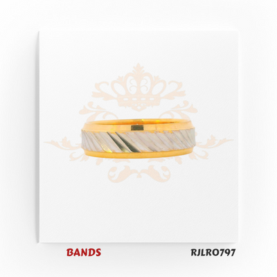 A stylish yellow gold band ring with a diagonal white textured inlay, blending modern design with traditional gold craftsmanship. RJLR0797