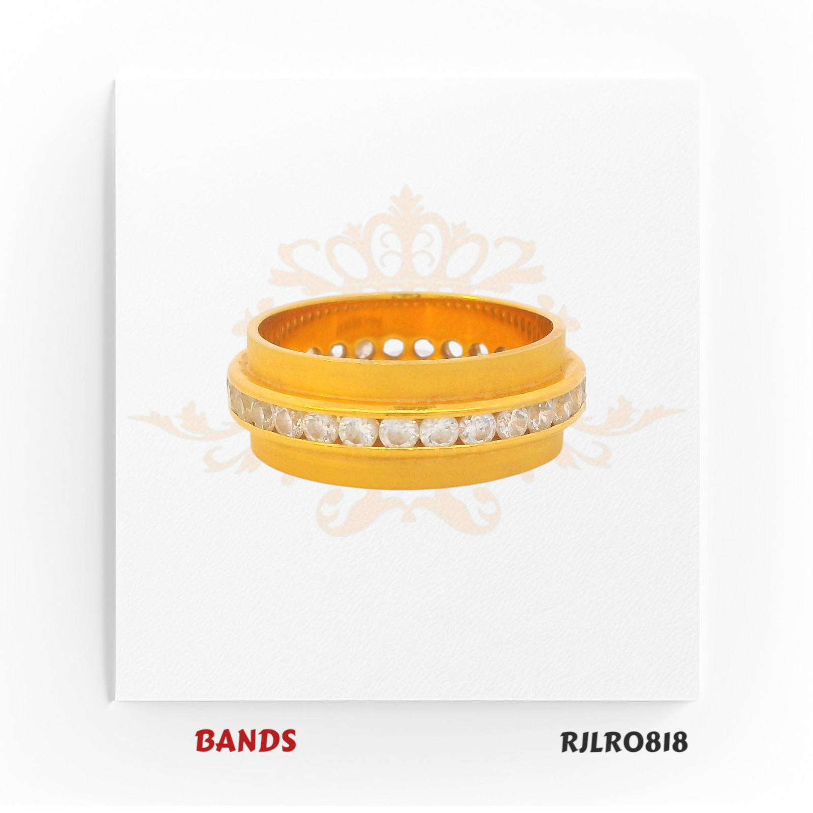 Elegant yellow gold band ring adorned with a full row of shimmering white stones encircling the center, offering a luxurious and eye-catching style. Model RJLR0818.