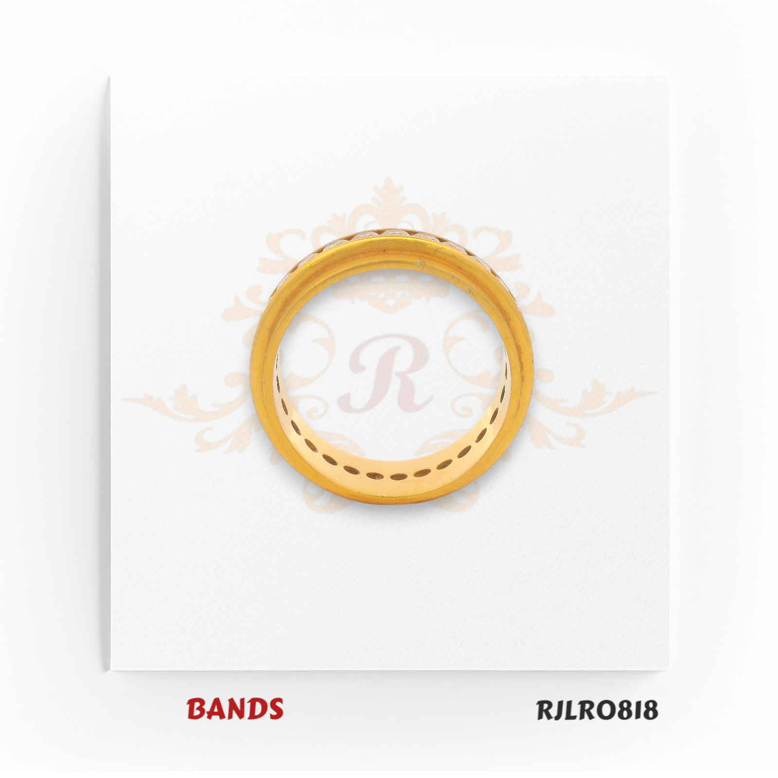 A stunning yellow gold band ring featuring a row of sparkling white stones embedded around the center, giving it a bold and elegant look. RJLR0818