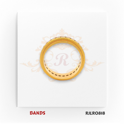 A stunning yellow gold band ring featuring a row of sparkling white stones embedded around the center, giving it a bold and elegant look. RJLR0818