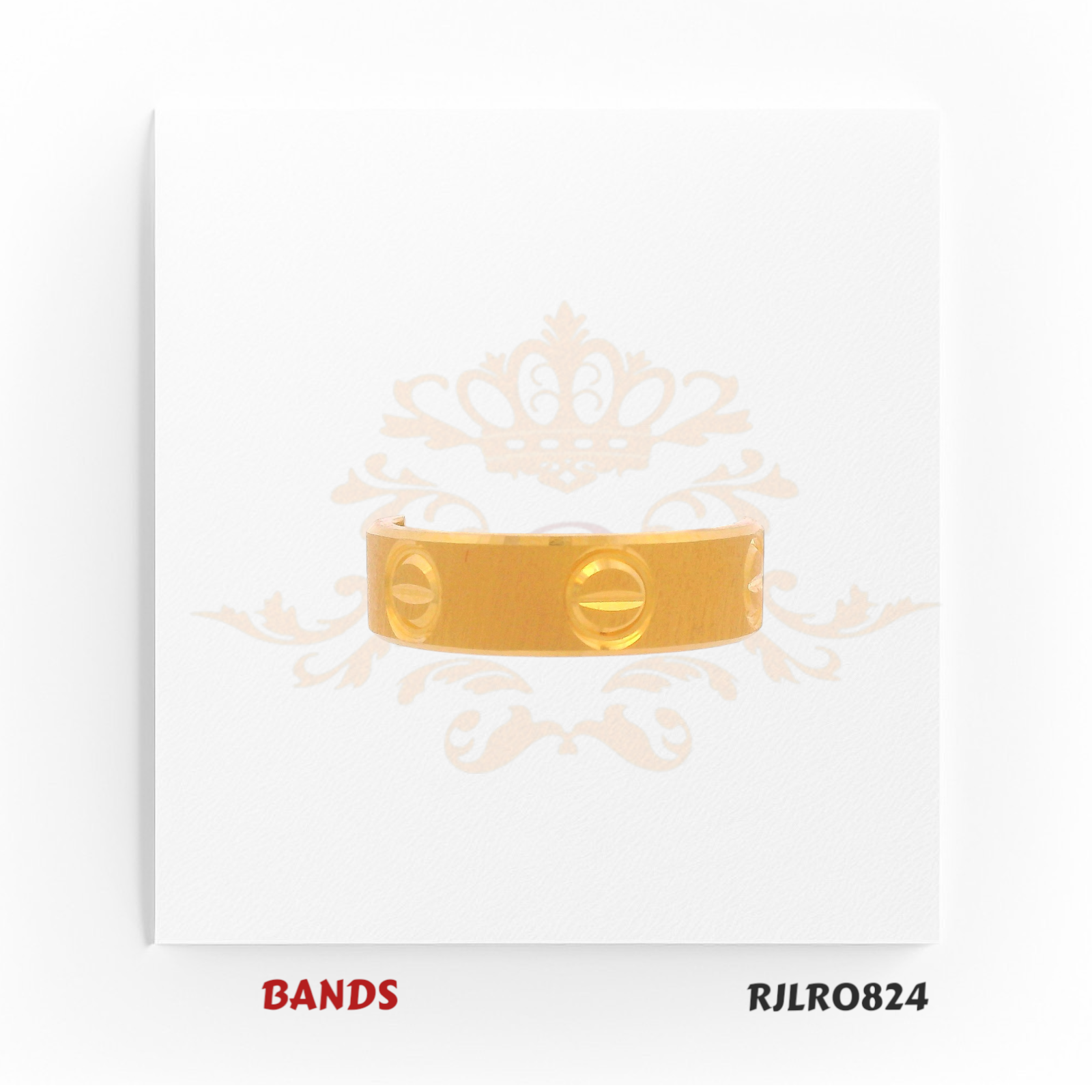 Contemporary 22kt yellow gold band with embossed circular patterns and a smooth matte finish, offering a unique and stylish look. Model number RJLR0824.