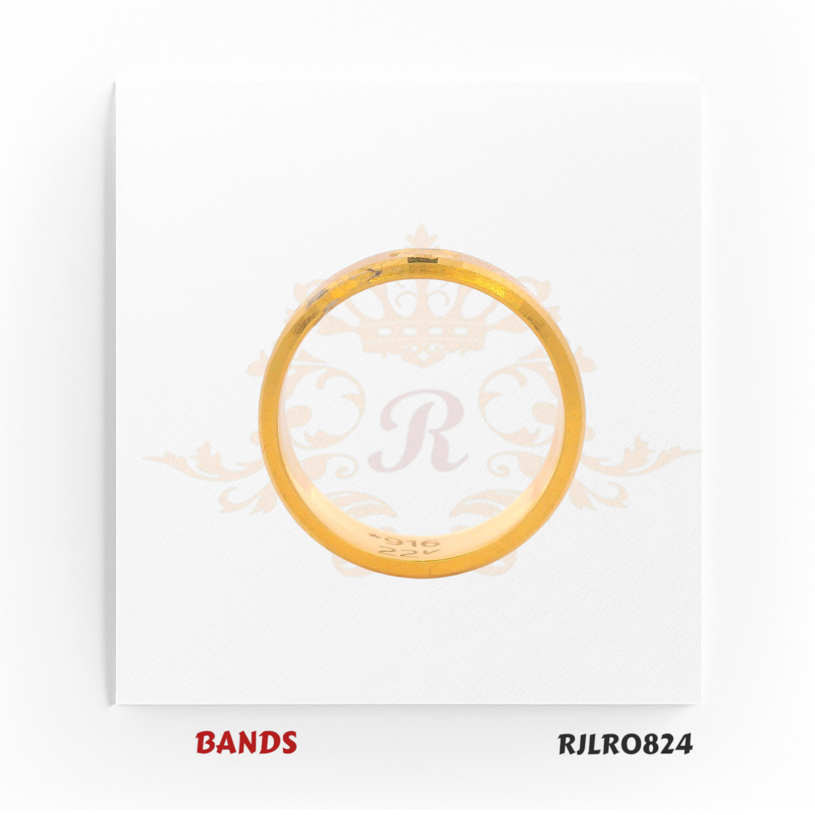 Elegant 22kt yellow gold band showcasing embossed circular designs that add depth and charm to its look. Finished with a smooth matte surface, model RJLR0824 offers a refined touch for modern jewelry lovers.