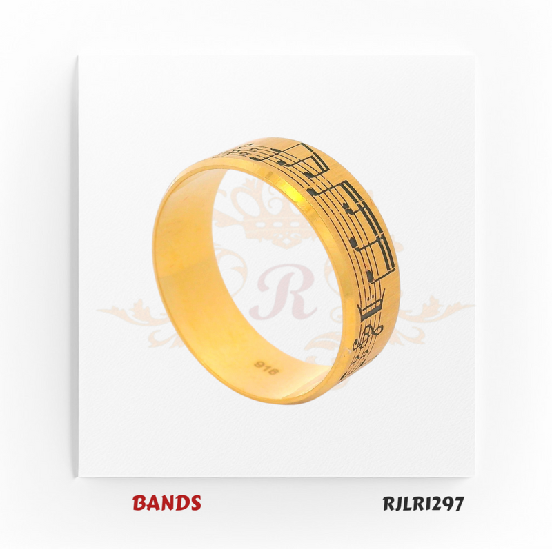 Artfully crafted 22kt yellow gold band featuring engraved black musical notes, blending elegance with a love for music. Model RJLR1297 makes the perfect gift or personal accessory for those with a creative spirit.