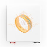 This 22kt gold ring stands out with its striking sky blue enamel dots set in a neat grid design, adding a pop of color and modern flair to a classic gold band. Style Code: RJLR1304.