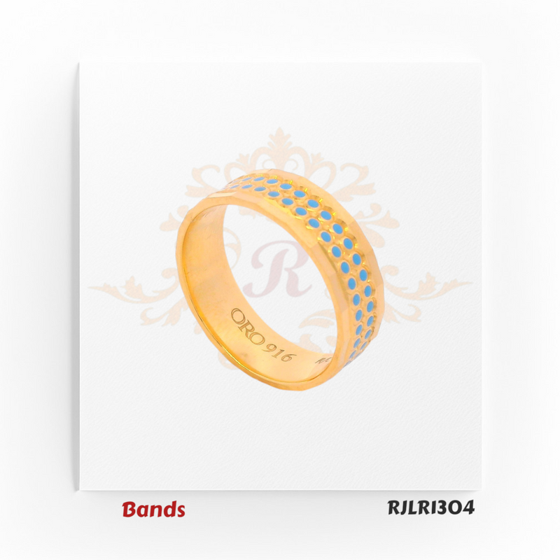 This 22kt gold ring stands out with its striking sky blue enamel dots set in a neat grid design, adding a pop of color and modern flair to a classic gold band. Style Code: RJLR1304.