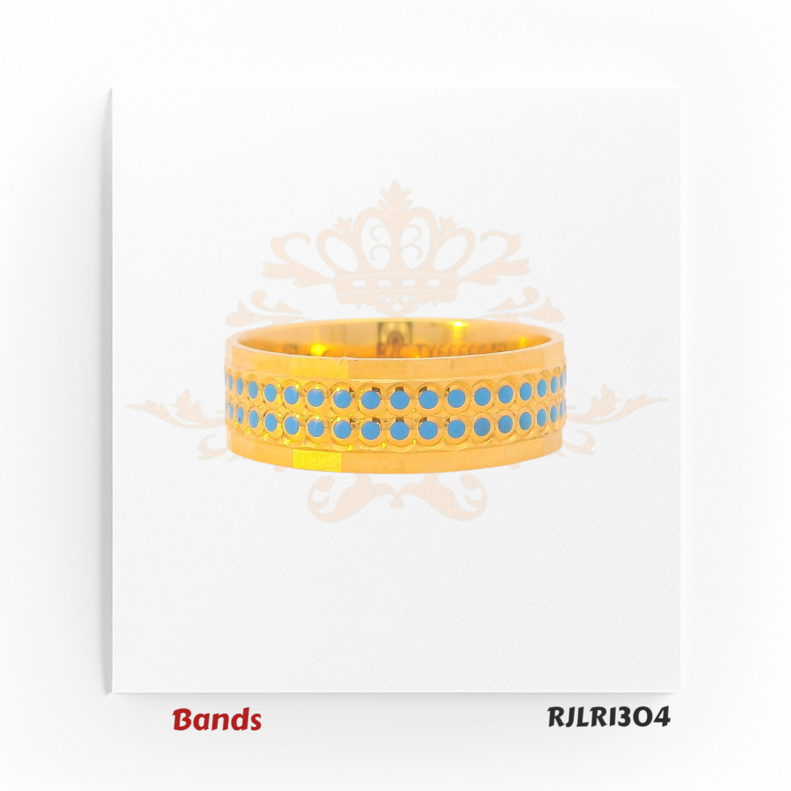 A stunning 22kt gold band featuring a vibrant sky blue enamel dot pattern arranged in a precise symmetrical grid, creating a bold and eye-catching statement piece. Model: RJLR1304.