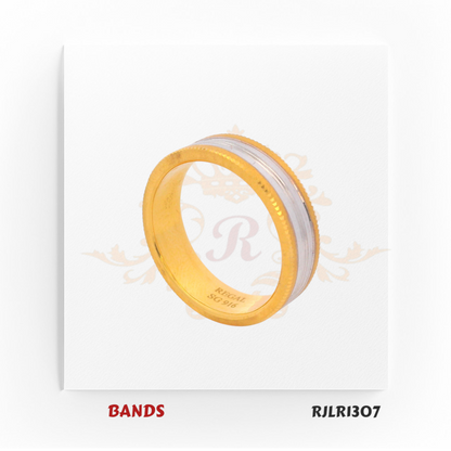 elegant 22kt gold ring with a wide white gold centerpiece framed by detailed beaded yellow gold edges, combining sophistication with standout style. RJLR1307.