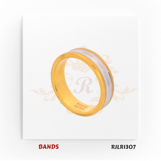 elegant 22kt gold ring with a wide white gold centerpiece framed by detailed beaded yellow gold edges, combining sophistication with standout style. RJLR1307.
