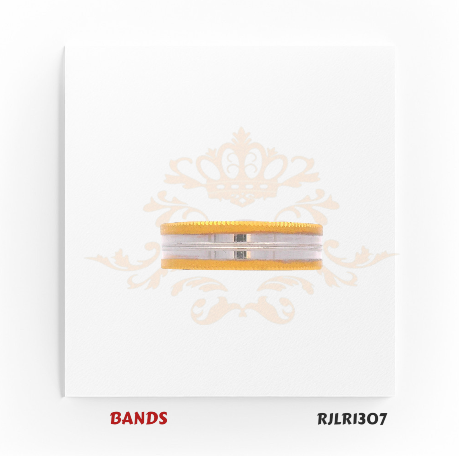 Striking 22kt gold two-tone band with a wide white gold center bordered by beaded yellow gold edges. Bold and elegant in design. Model number RJLR1307.