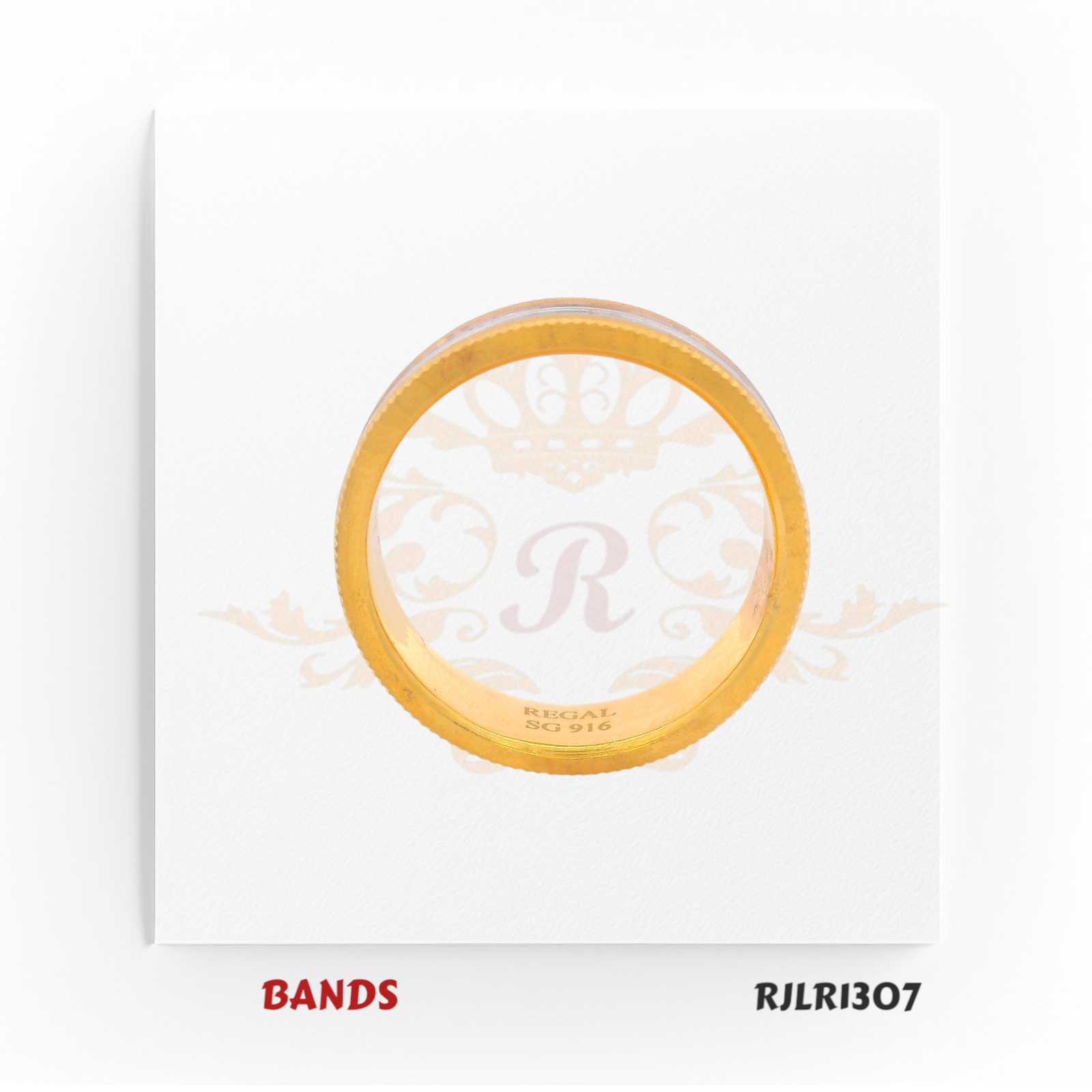 Bold 22kt two-tone gold band featuring a wide white gold center and intricate beaded yellow gold borders for a striking, elegant look. Model RJLR1307.