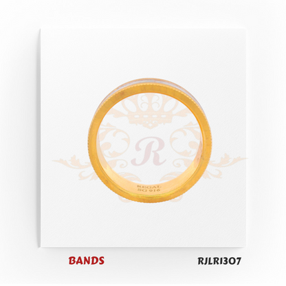 Bold 22kt two-tone gold band featuring a wide white gold center and intricate beaded yellow gold borders for a striking, elegant look. Model RJLR1307.