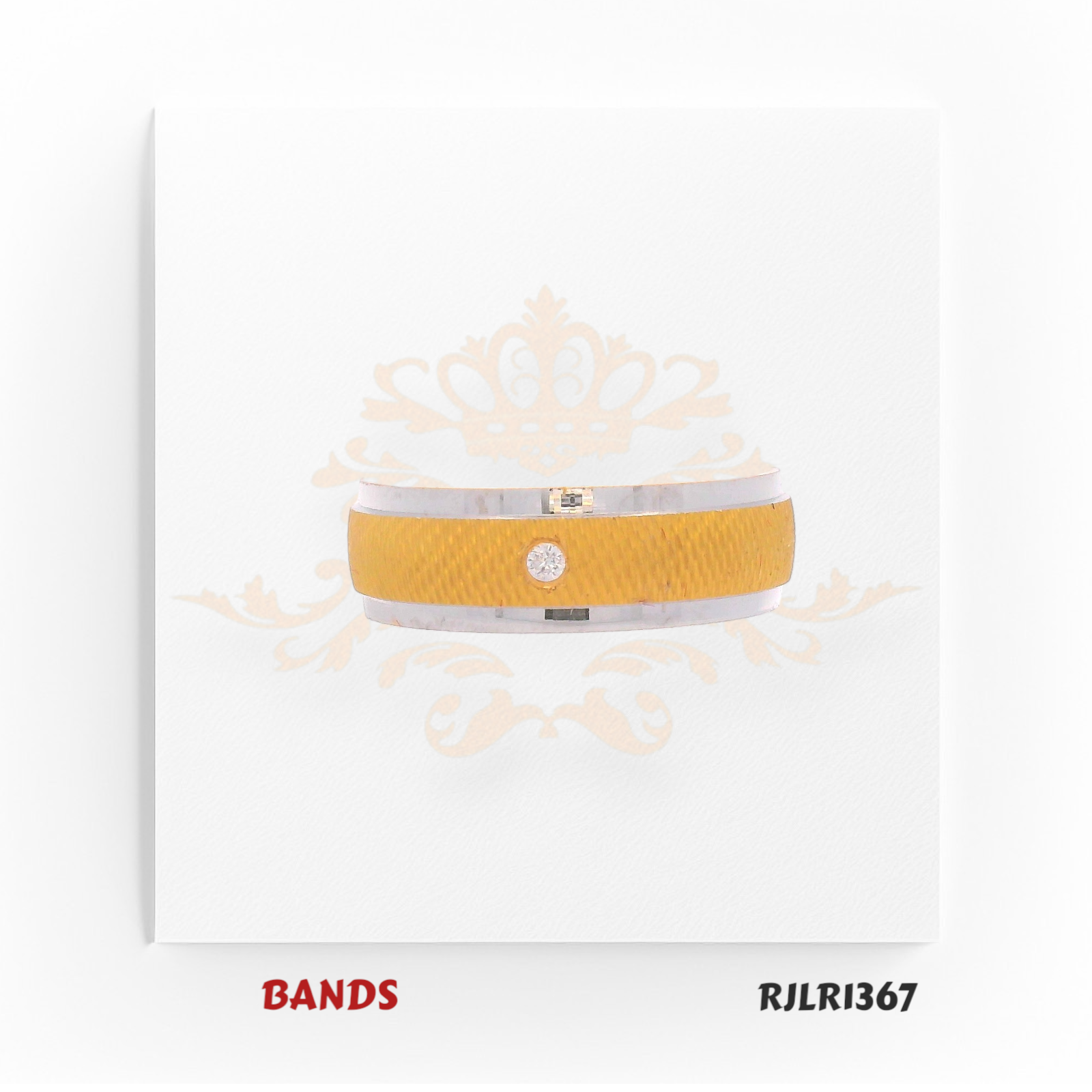 A refined 22kt gold ring combining warm yellow gold with a sleek white gold stripe, finished with a shimmering diamond accent. Model RJLR1367 is perfect for those who appreciate subtle luxury and modern detail.