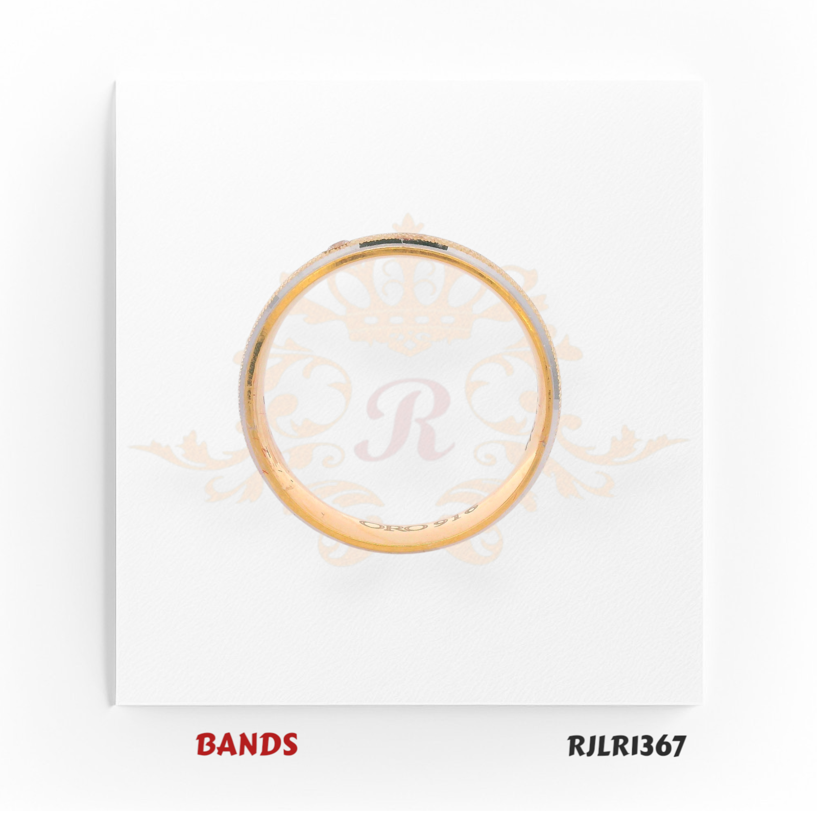 Two-tone 22kt gold band featuring a yellow gold base with a white gold center stripe and a small embedded diamond accent. Modern and sophisticated. Model number RJLR1367.