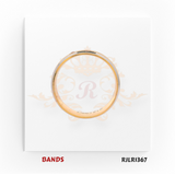 Two-tone 22kt gold band featuring a yellow gold base with a white gold center stripe and a small embedded diamond accent. Modern and sophisticated. Model number RJLR1367.