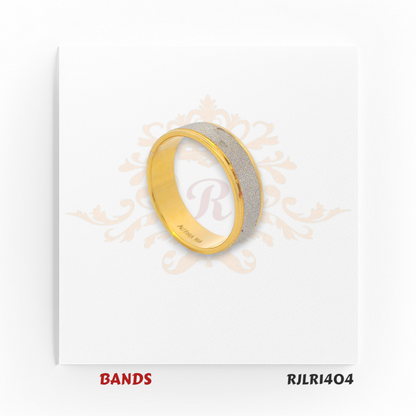 Sophisticated two-tone gold ring with a satin silver-finish center panel and glossy yellow gold borders, perfect for a stylish and elegant look. RJLR1404.