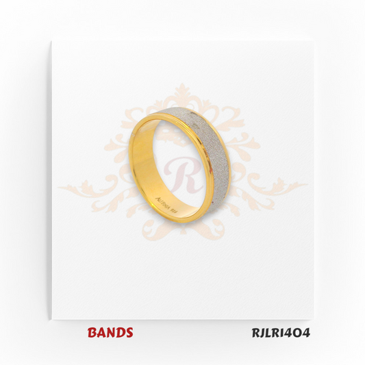 Sophisticated two-tone gold ring with a satin silver-finish center panel and glossy yellow gold borders, perfect for a stylish and elegant look. RJLR1404.