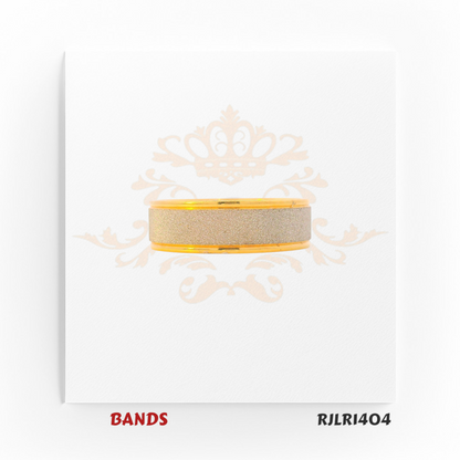 Modern dual-tone gold band ring featuring a matte silver-finish center stripe, framed by sleek polished yellow gold edges for a refined contemporary style. Model RJLR1404.