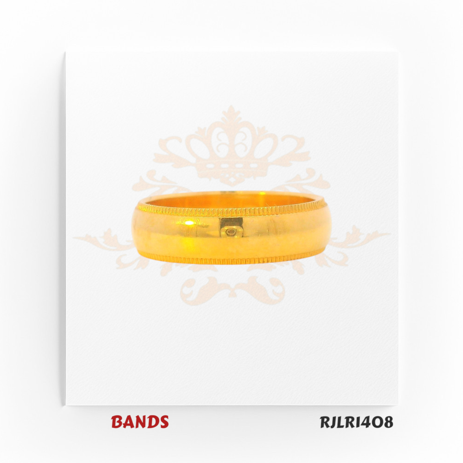 Minimalist gold ring crafted in polished yellow gold, featuring a smooth dome shape and refined etched edge for timeless style. RJLR1408.