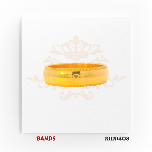 Minimalist gold ring crafted in polished yellow gold, featuring a smooth dome shape and refined etched edge for timeless style. RJLR1408.