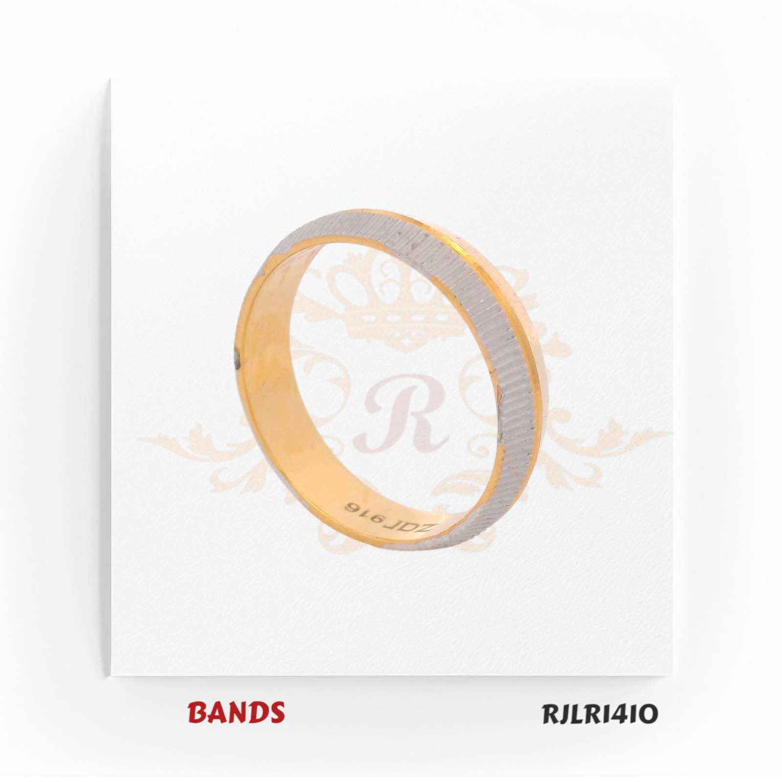 Contemporary 22kt gold band in a two-tone design, showcasing a matte white gold finish on the outside and a lustrous yellow gold finish inside. Model RJLR1410 offers a minimalist yet sophisticated look.