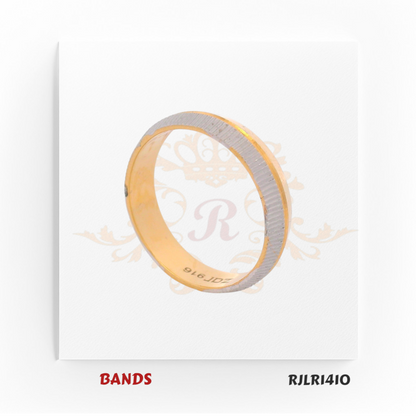 Contemporary 22kt gold band in a two-tone design, showcasing a matte white gold finish on the outside and a lustrous yellow gold finish inside. Model RJLR1410 offers a minimalist yet sophisticated look.