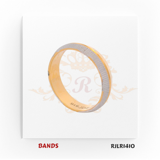 Contemporary 22kt gold band in a two-tone design, showcasing a matte white gold finish on the outside and a lustrous yellow gold finish inside. Model RJLR1410 offers a minimalist yet sophisticated look.