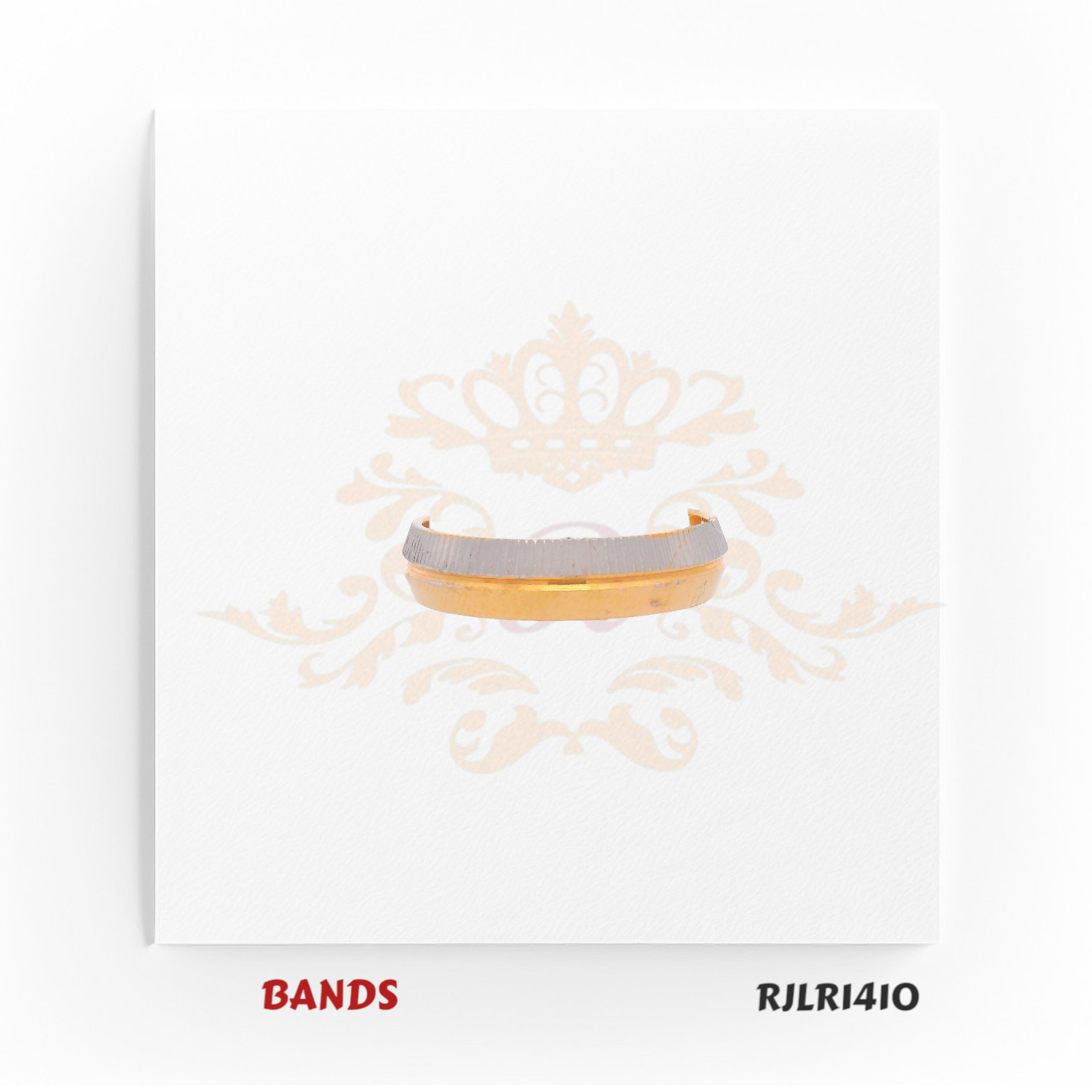 Slim 22kt two-tone gold band featuring a brushed white gold exterior paired with a polished yellow gold interior for a refined contrast. Model RJLR1410 delivers a sleek, modern style perfect for everyday elegance.