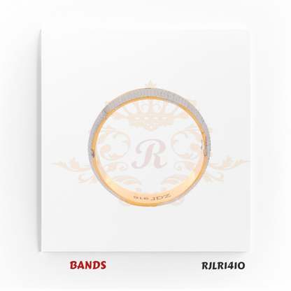 Slim 22kt two-tone gold band with a brushed white gold exterior and polished yellow gold interior. Sleek and modern. Model number RJLR1410.