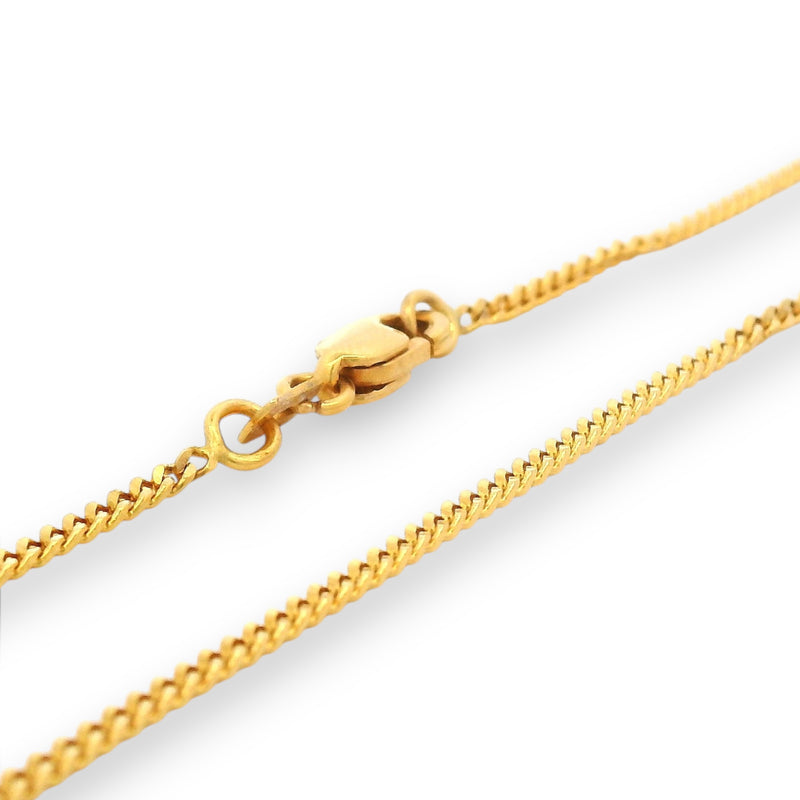 Elegant 22K gold baby chain (RJC30588a) featuring a classic curb-link design with a smooth polished finish. Crafted by Regal Jewels Chicago, this lightweight gold chain is perfect for newborns and toddlers — a timeless gift combining comfort, safety, and luxury.