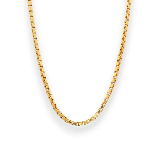 Stylish 22K gold baby chain (RJC30868) featuring a refined box-link design with a radiant polished shine. Crafted by Regal Jewels Chicago, this lightweight gold chain is perfect for newborns and toddlers — combining elegance, safety, and lasting quality for everyday wear or gifting.