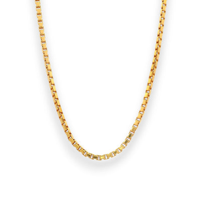 Stylish 22K gold baby chain (RJC30868) featuring a refined box-link design with a radiant polished shine. Crafted by Regal Jewels Chicago, this lightweight gold chain is perfect for newborns and toddlers — combining elegance, safety, and lasting quality for everyday wear or gifting.