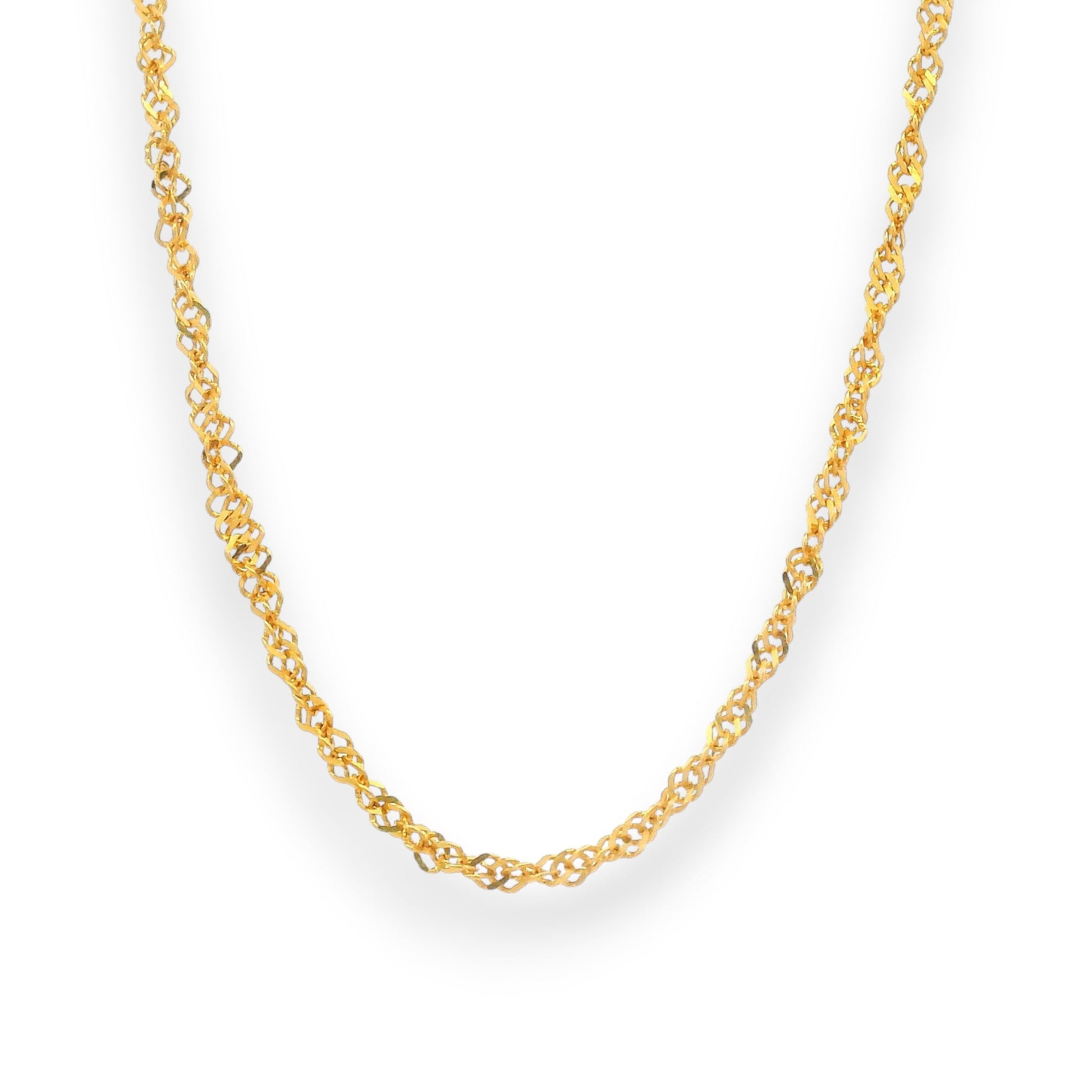 Elegant 22K gold baby chain (RJC30870) showcasing a unique twisted-link pattern with a radiant polished finish. Designed by Regal Jewels Chicago, this lightweight gold chain is perfect for newborns and toddlers — combining comfort, durability, and timeless sophistication.