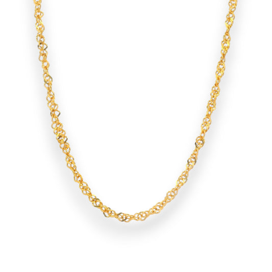 Elegant 22K gold baby chain (RJC30870) showcasing a unique twisted-link pattern with a radiant polished finish. Designed by Regal Jewels Chicago, this lightweight gold chain is perfect for newborns and toddlers — combining comfort, durability, and timeless sophistication.