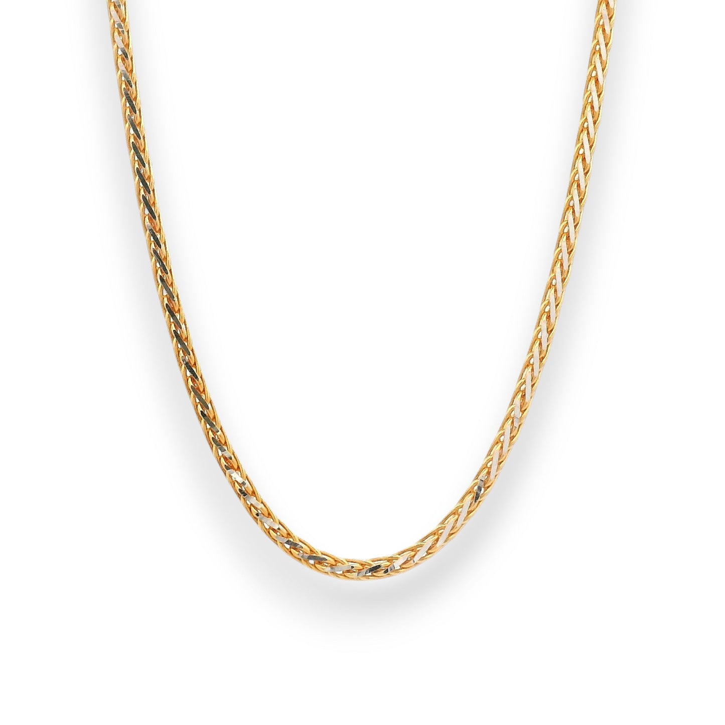 Elegant 22K gold baby chain (RJC30870) showcasing a unique twisted-link pattern with a radiant polished finish. Designed by Regal Jewels Chicago, this lightweight gold chain is perfect for newborns and toddlers — combining comfort, durability, and timeless sophistication.