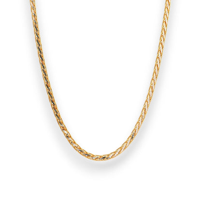 Elegant 22K gold baby chain (RJC30870) showcasing a unique twisted-link pattern with a radiant polished finish. Designed by Regal Jewels Chicago, this lightweight gold chain is perfect for newborns and toddlers — combining comfort, durability, and timeless sophistication.